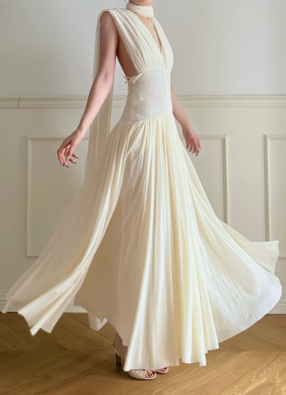 V Neck Backless Beige Formal Wedding Dress Chiffon Evening Dress  J9540