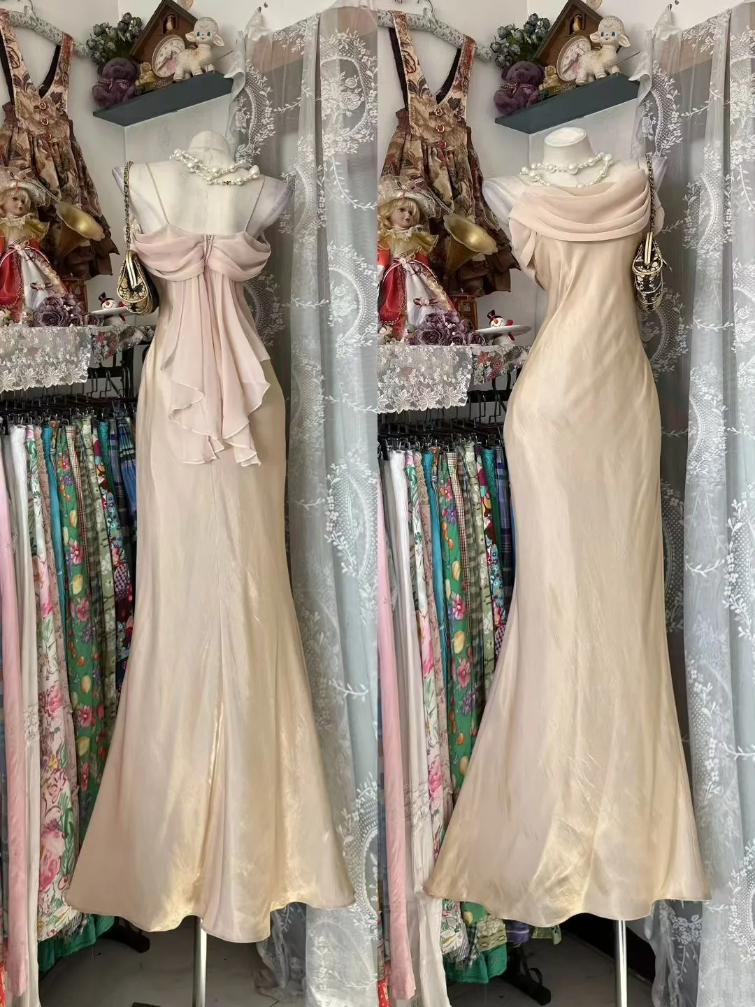 Spaghetti Strap Champagne Prom Dress Satin Formal Dress  J9543