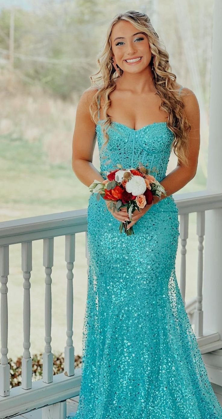 Mermaid Blue Sequin Prom Dress Spaghetti Strap Evening Dress  J9544