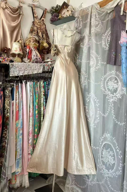 Spaghetti Strap Light Champagne Prom Dress Satin Evening Dress  J9546
