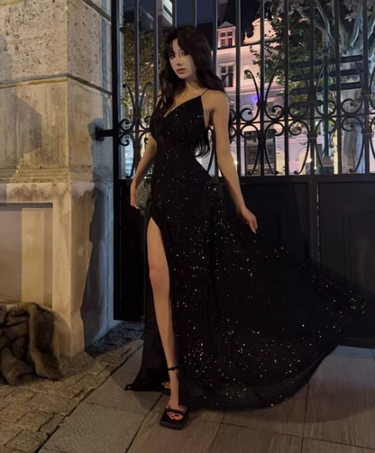 V Neck Black Sequin Prom Dress Sparkle Evening Dress  Birthday Dress J9549