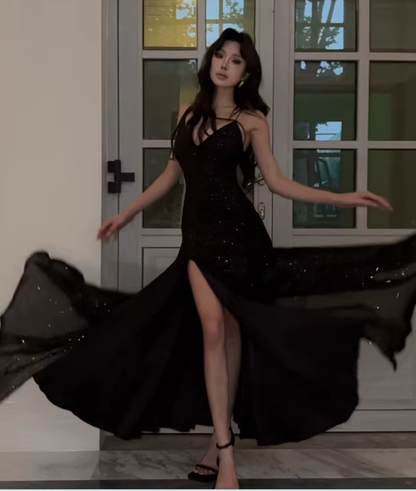 V Neck Black Sequin Prom Dress Sparkle Evening Dress  Birthday Dress J9549