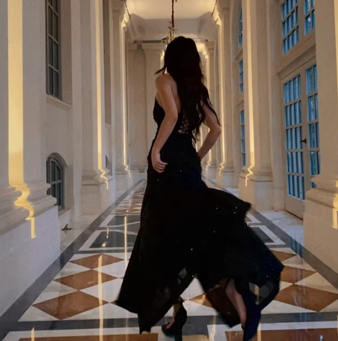 V Neck Black Sequin Prom Dress Sparkle Evening Dress  Birthday Dress J9549