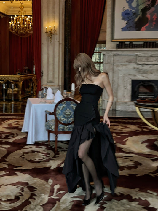 Strapless Black Mermaid Ruffle Prom Dress Formal Party Dress J9550