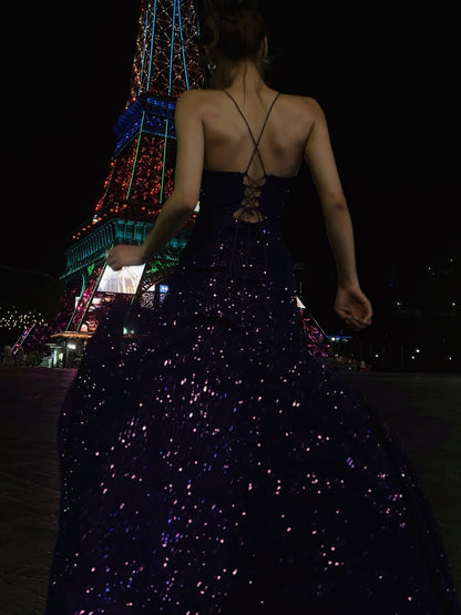 Robe de bal bustier violette en satin avec appliques, robe de soirée formelle J9413
