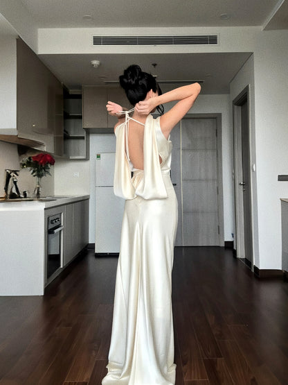 Backless Halter Neck Satin Dress Banquet Evening Dress  J9553