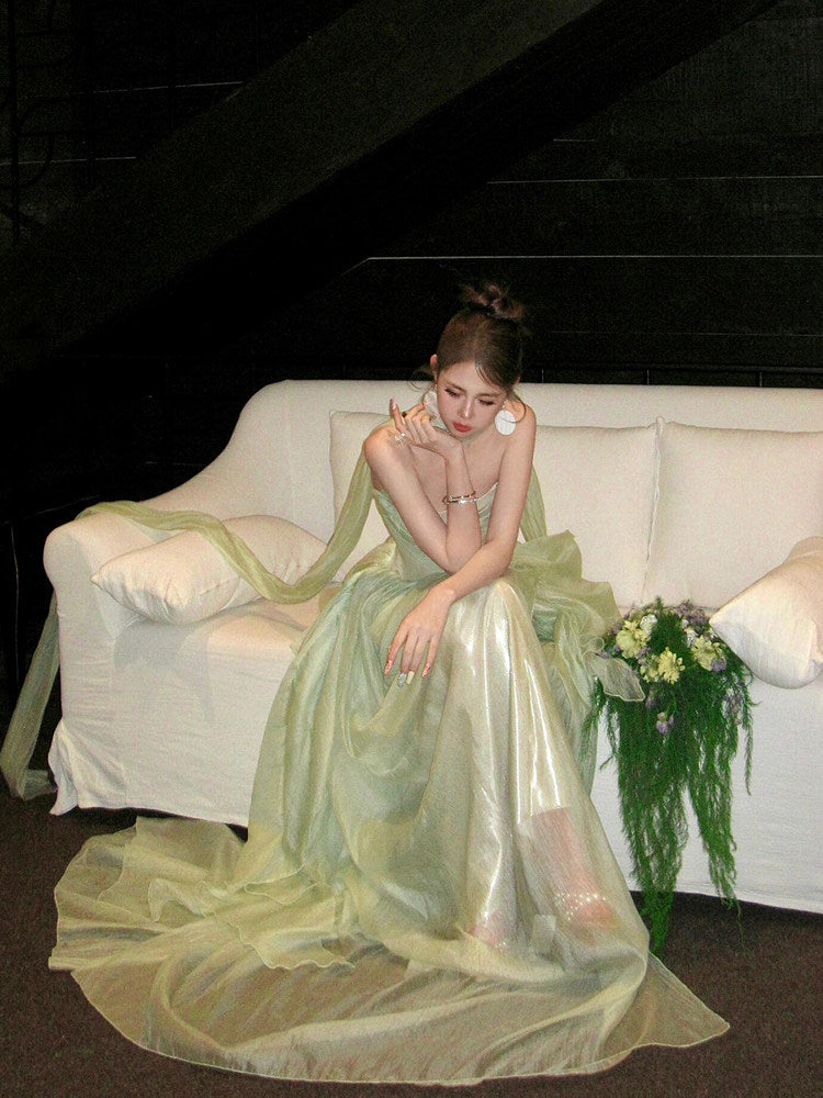 Trägerloses silbernes Vintage-Abendkleid, A-Linie, Geburtstagskleid J9370