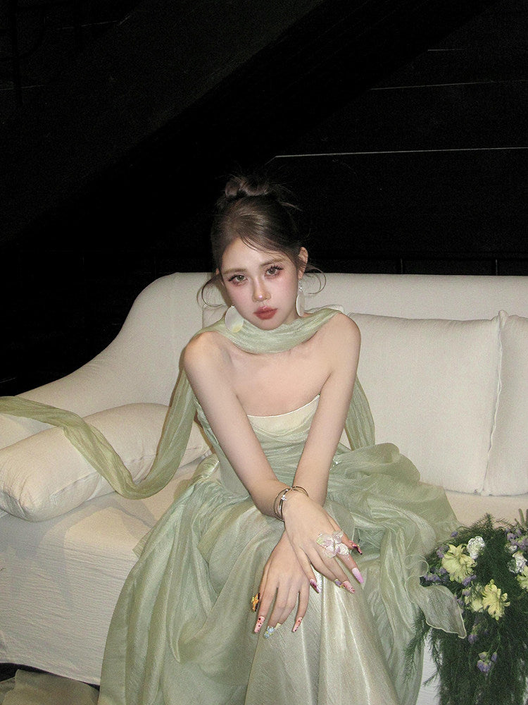 Trägerloses silbernes Vintage-Abendkleid, A-Linie, Geburtstagskleid J9370