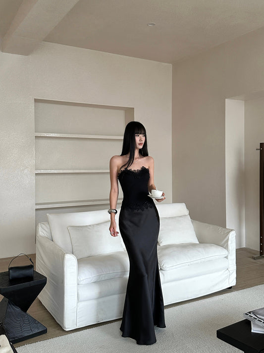 Black Satin Sheath  Evening Dress with Applique Sexy Prom Dress  J9557