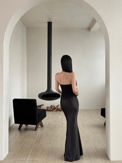 Black Satin Sheath  Evening Dress with Applique Sexy Prom Dress  J9557