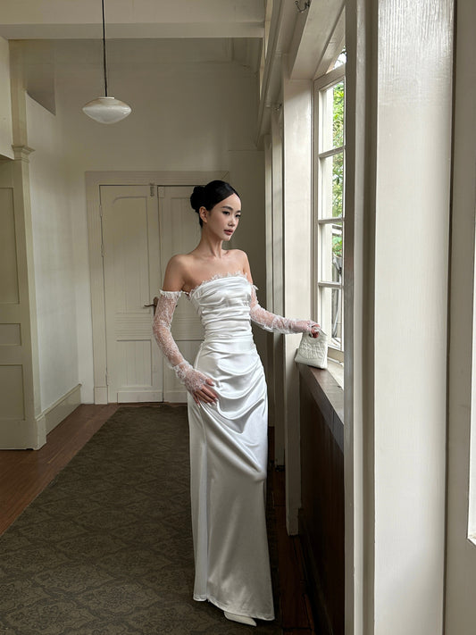 Strapless Sheath Stain White Evening Dress Elegant Wedding Dress  J9558