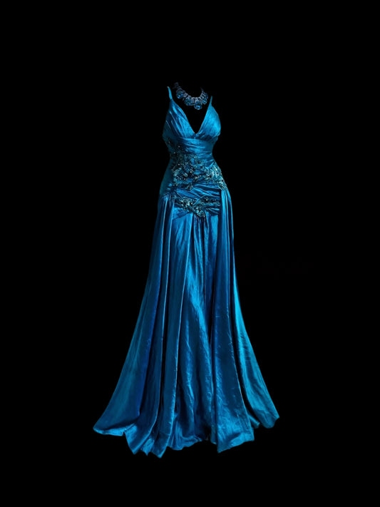 V Neck Blue Satin Prom Dress Formal Party Dress With Applique  J9561