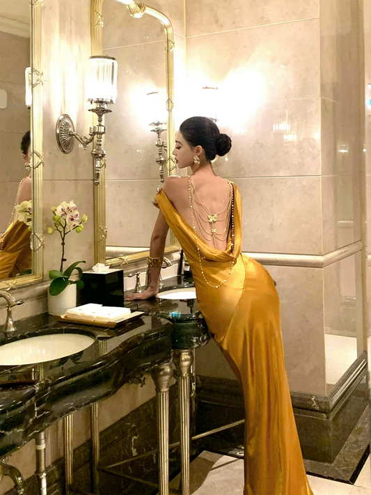 Gold Sheath Satin Prom Dress Sexy Formal Evening Dress  J9563