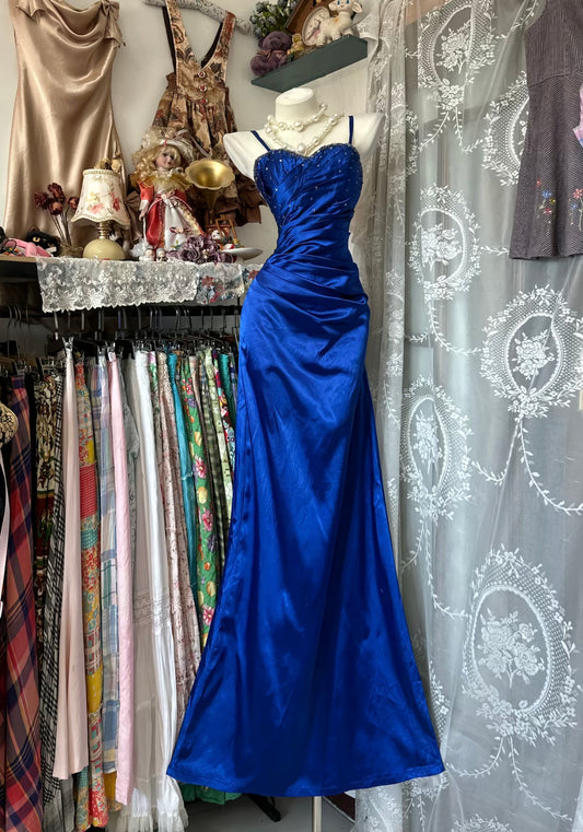 Spaghetti Strap Royal Blue Prom Dress Satin Mermaid Evening Dress J9567