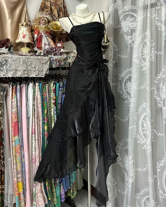 Spaghetti Strap Black Prom Dress Ruffle Evening Dress Birthday Dress J9569