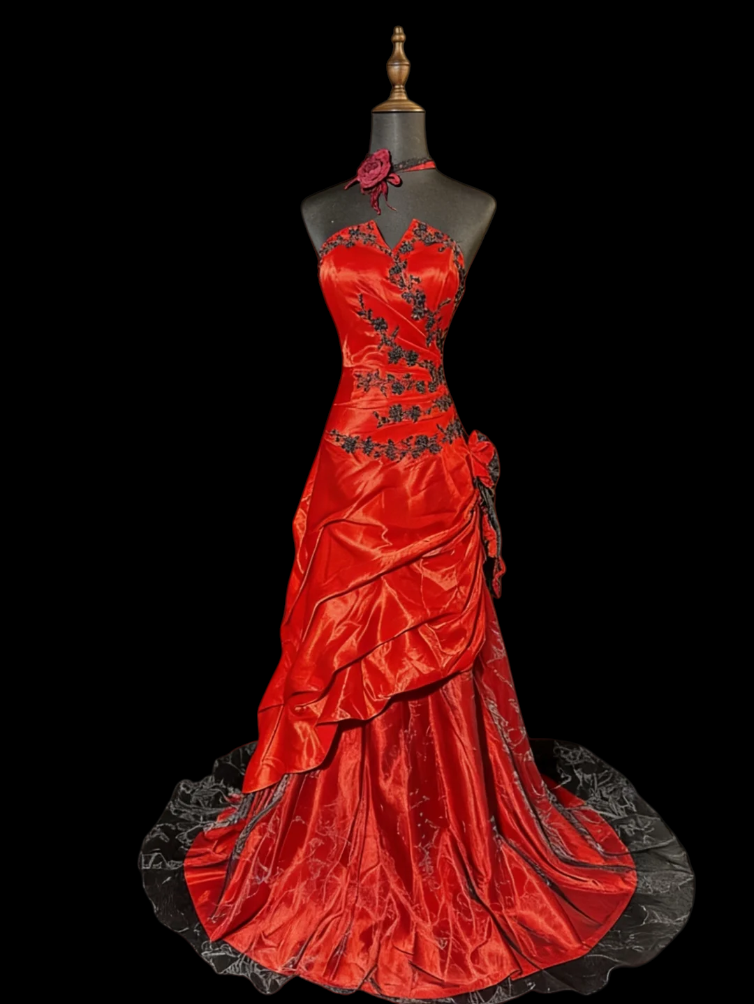 A Line Red Satin Prom Dress With Appliques Retro Formal Evening Dress J9571