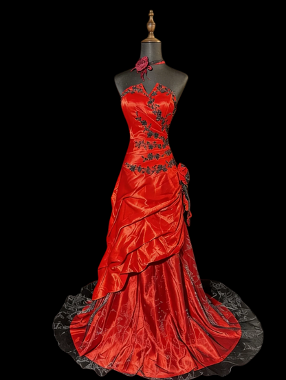 A Line Red Satin Prom Dress With Appliques Retro Formal Evening Dress J9571