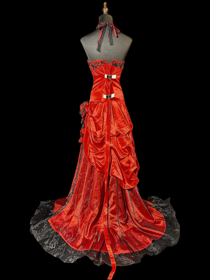 A Line Red Satin Prom Dress With Appliques Retro Formal Evening Dress J9571