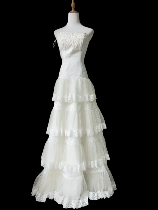 Strapless A Line Layered Wedding Dress Appliques Wedding Gown For Bridal J9574