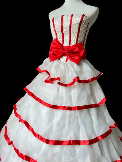 Strapless White Red Ball Gown Sweet 16 Birthday Dress Pearls Beaded Formal Dress J9579