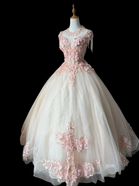 Ball Gown Tulle Sweet 16 Birthday Dress Pink Flora Quinceanera Dresses J9585