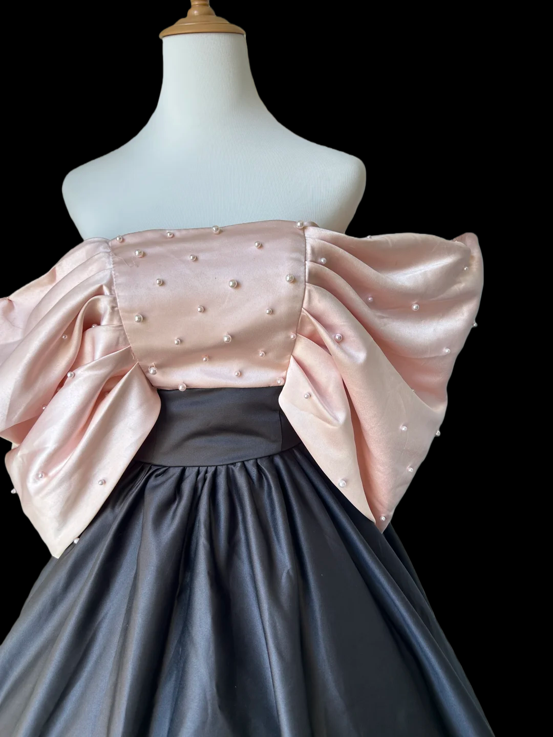 Off The Shoulder Black Satin Senior Prom Dress With Pearls J9587