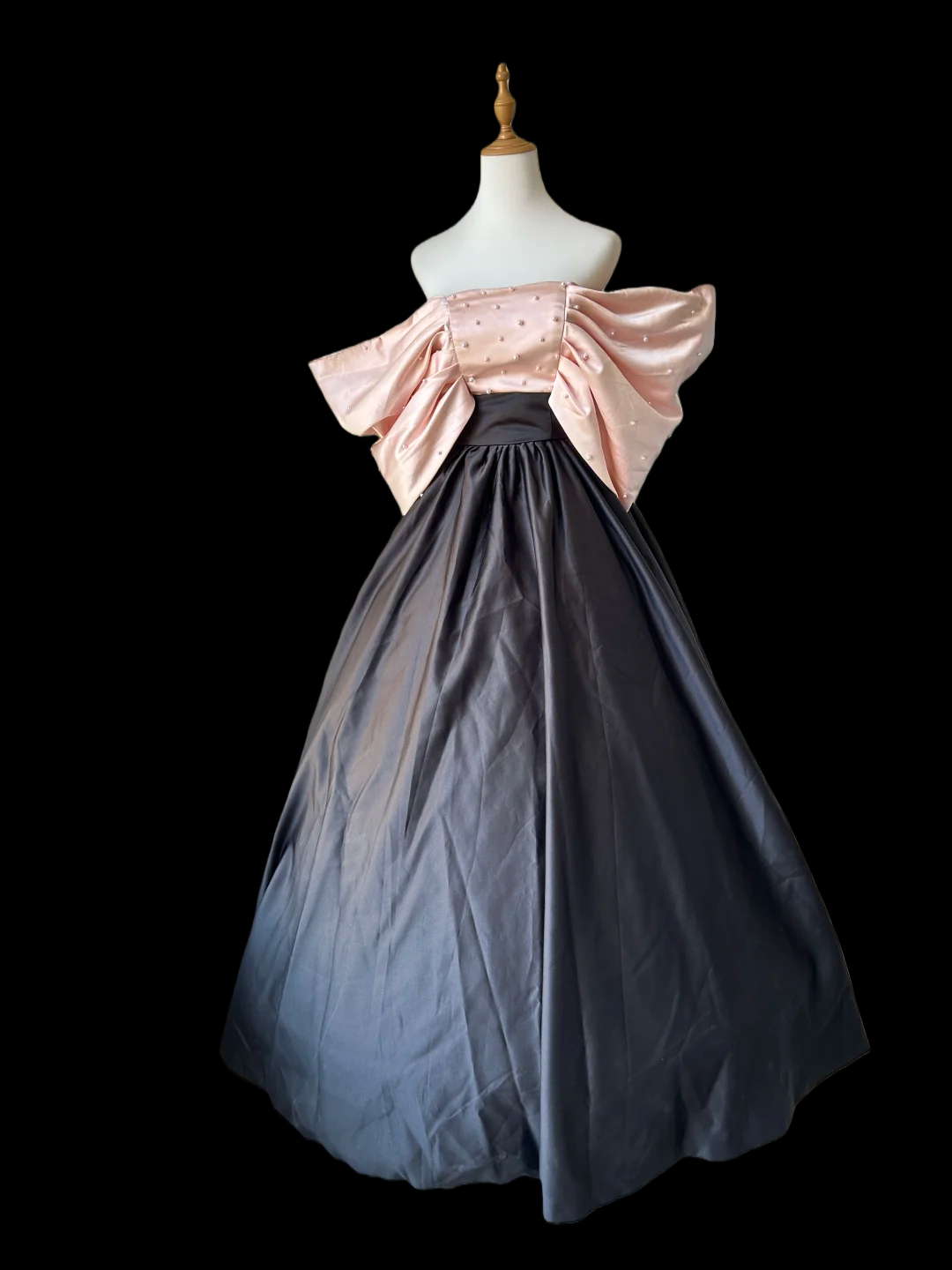 Off The Shoulder Black Satin Senior Prom Dress With Pearls J9587
