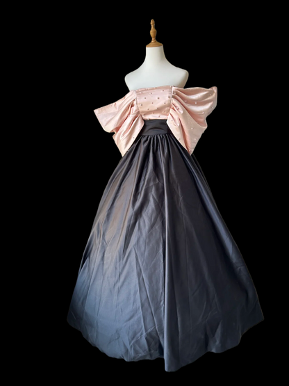 Off The Shoulder Black Satin Senior Prom Dress With Pearls J9587