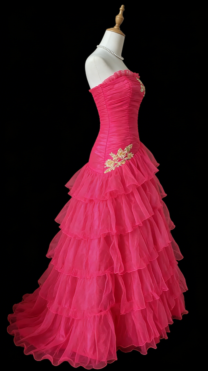 Ruffled Strapless A Line Layered Prom Dress Hot Pink Formal Dress  J9590