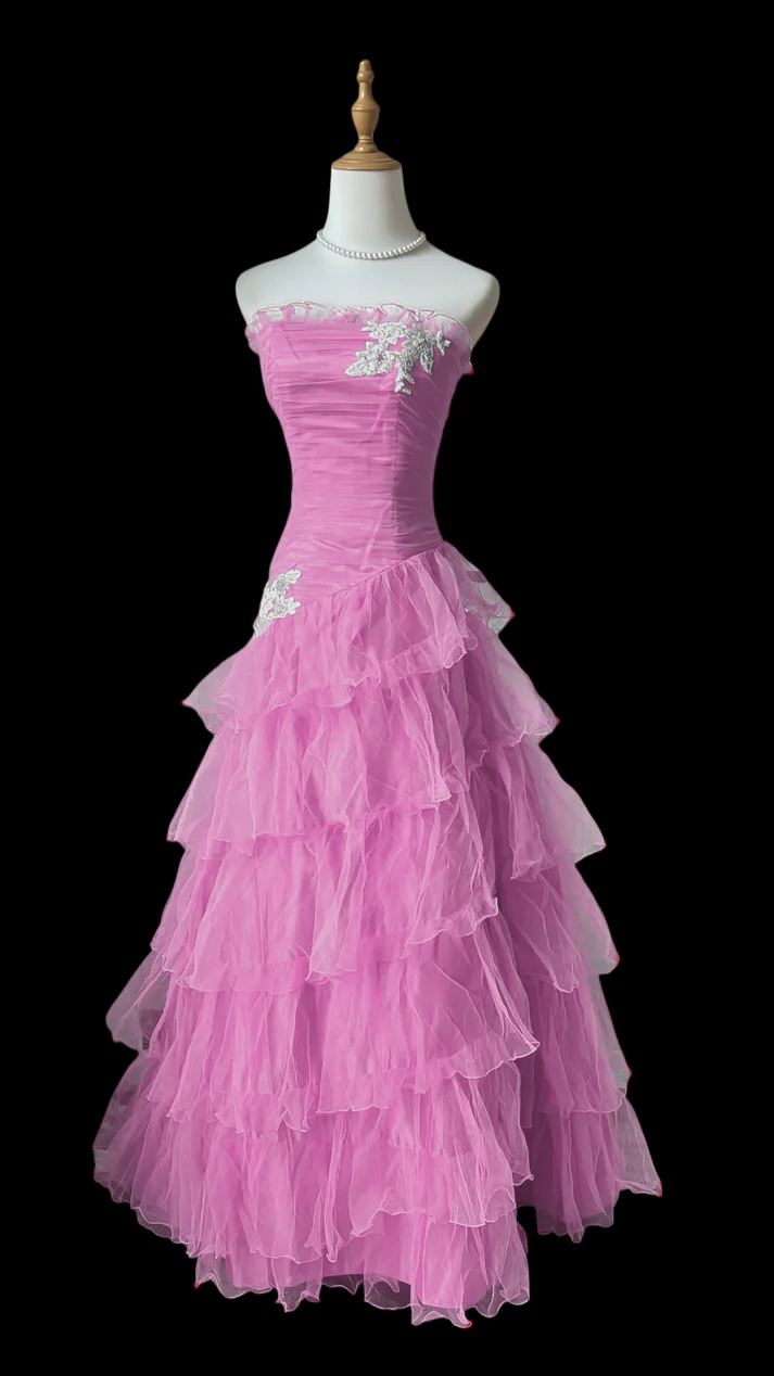 Ruffled Strapless A Line Layered Prom Dress Hot Pink Formal Dress  J9590