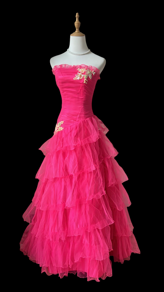 Ruffled Strapless A Line Layered Prom Dress Hot Pink Formal Dress  J9590