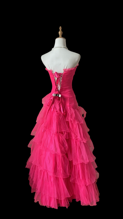 Ruffled Strapless A Line Layered Prom Dress Hot Pink Formal Dress  J9590