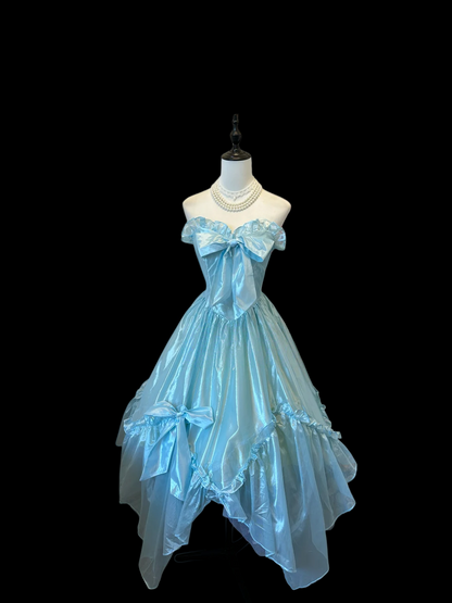 Trägerloses silbernes Vintage-Abendkleid, A-Linie, Geburtstagskleid J9370