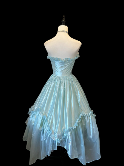Trägerloses silbernes Vintage-Abendkleid, A-Linie, Geburtstagskleid J9370