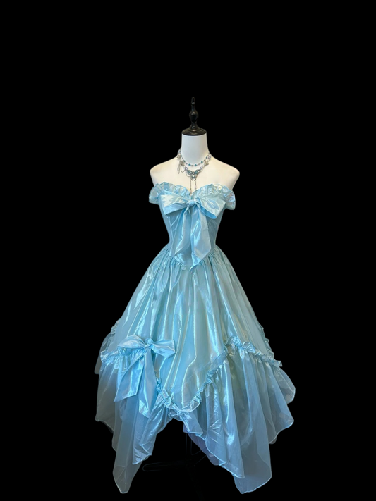 A Line Blue Prom Dress Sweet Birthday Dress With Bow  J9595
