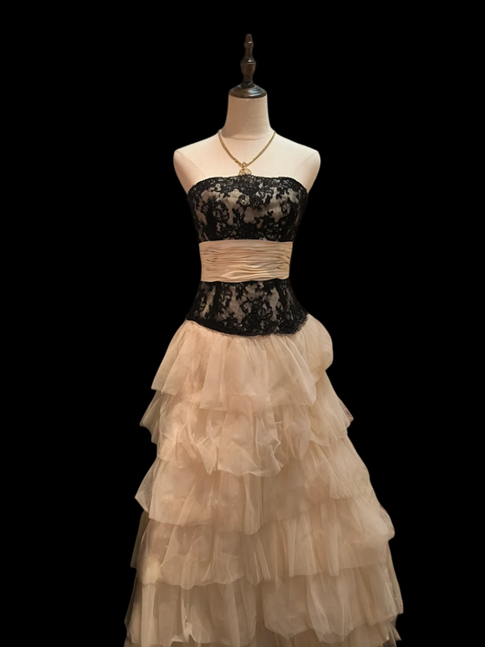Strapless Champagne Layered Tulle Prom Dress A Line Formal Dress  J9596
