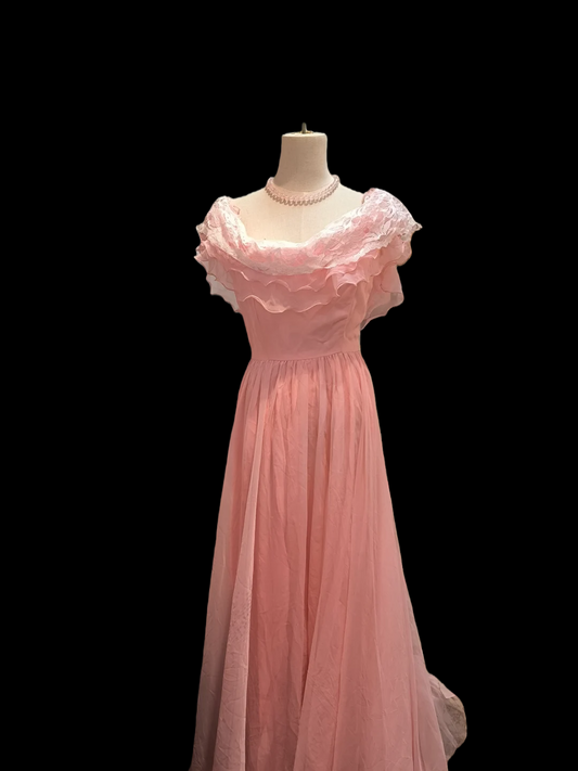 A Line Pink Lace Shoulder Prom Dress Chiffon Wedding Guest Dress  J9597