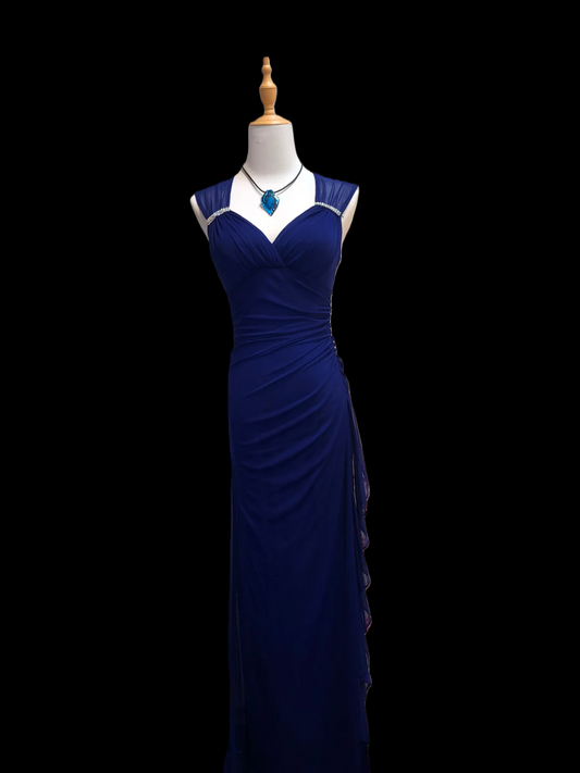 V Neck Royal Blue Chiffon Prom Dress Ruffle Evening Dress  J9598