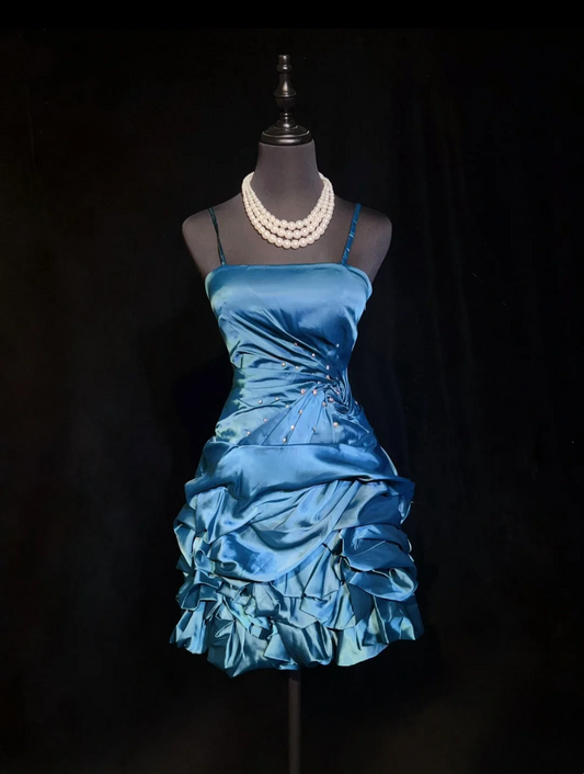 Spaghetti Straps Blue Birthday Dress Satin Short Party Dress J9606