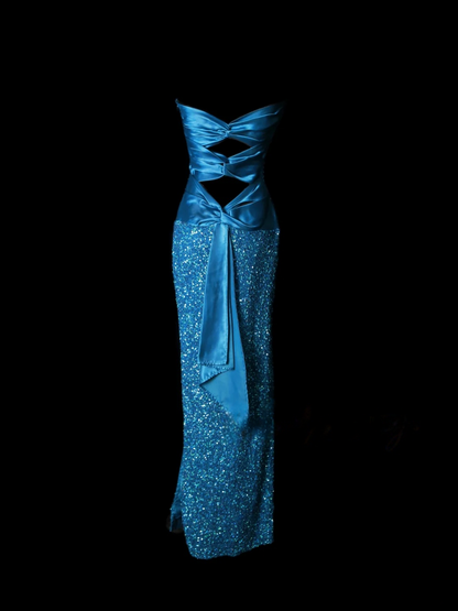 Strapless Blue Sheath Prom Dress Sequin Formal Party Dress J9609