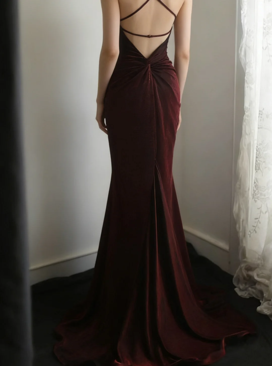 Backless Burgundy Mermaid Prom Dress Formal Evening Dress J9612