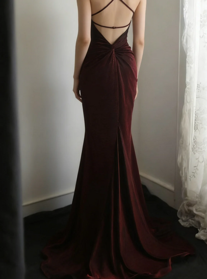 Backless Burgundy Mermaid Prom Dress Formal Evening Dress J9612