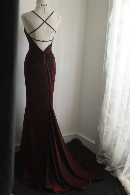 Backless Burgundy Mermaid Prom Dress Formal Evening Dress J9612