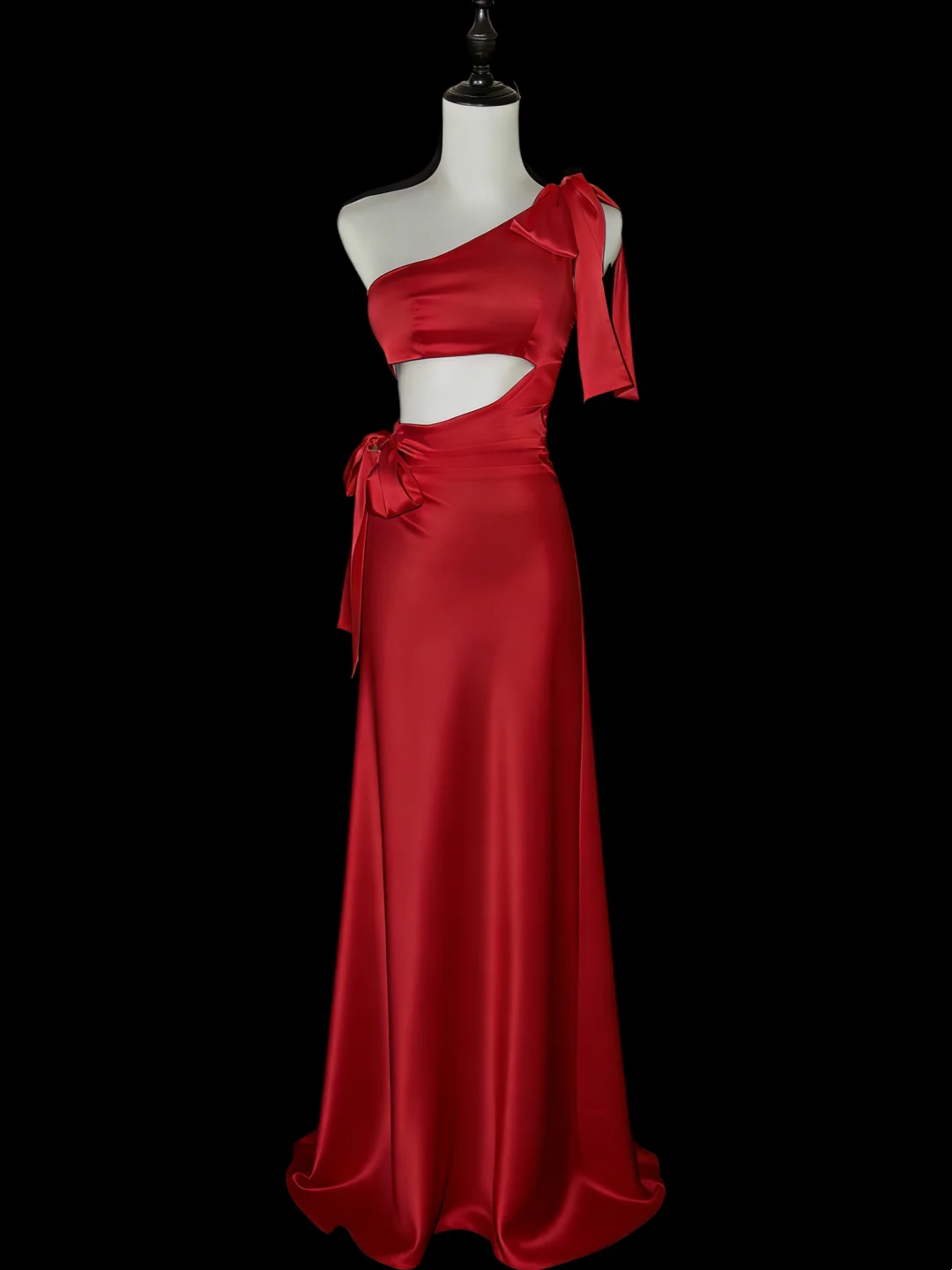 One Shoulder Red Satin Prom Dress Mermaid Formal Evening Dress J9613