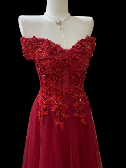 Off The Shoulder Red Prom Dress With Appliques A Line Tulle Evening Dress J9614