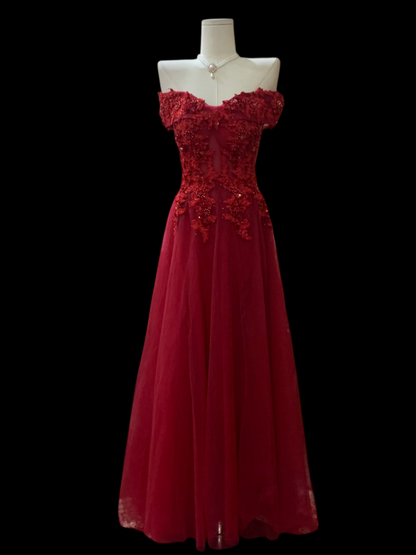 Off The Shoulder Red Prom Dress With Appliques A Line Tulle Evening Dress J9614