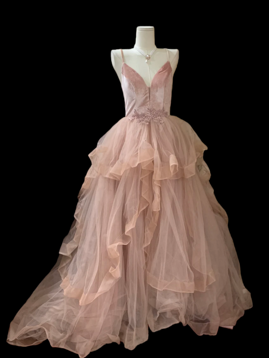 Spaghetti Straps Pink Tulle Prom Dress Ball Gown Birthday Dress J9615