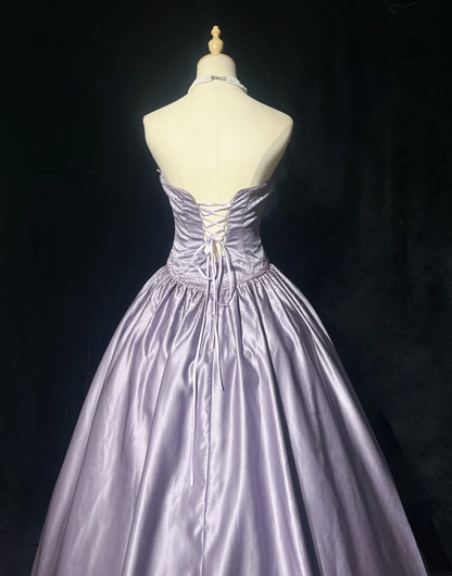 Strapless A Line Lilac Satin Prom Dress Formal Evening Dress Birthday Gown J9618