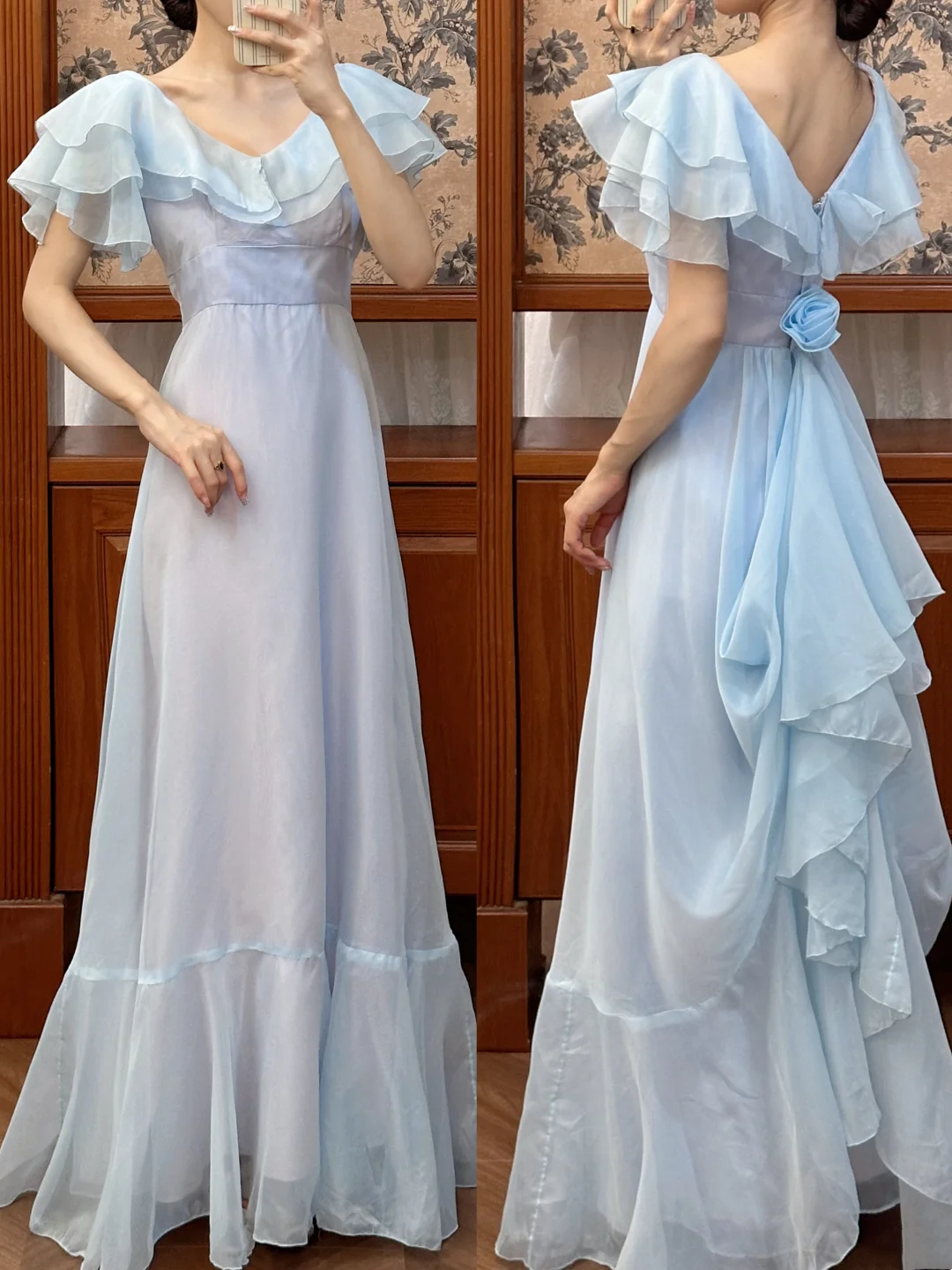 A Line Blue Chiffon Prom Dress Modest Evening Dress With Ruffled Sleeves J9619