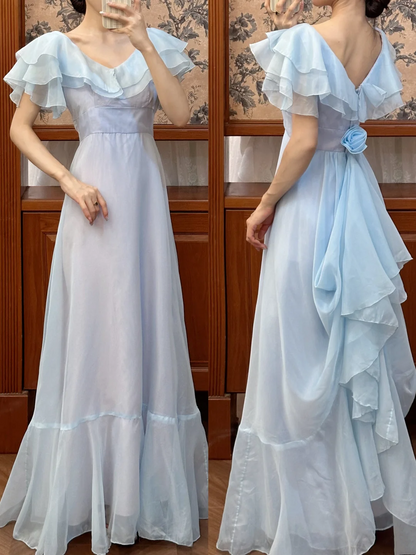 A Line Blue Chiffon Prom Dress Modest Evening Dress With Ruffled Sleeves J9619